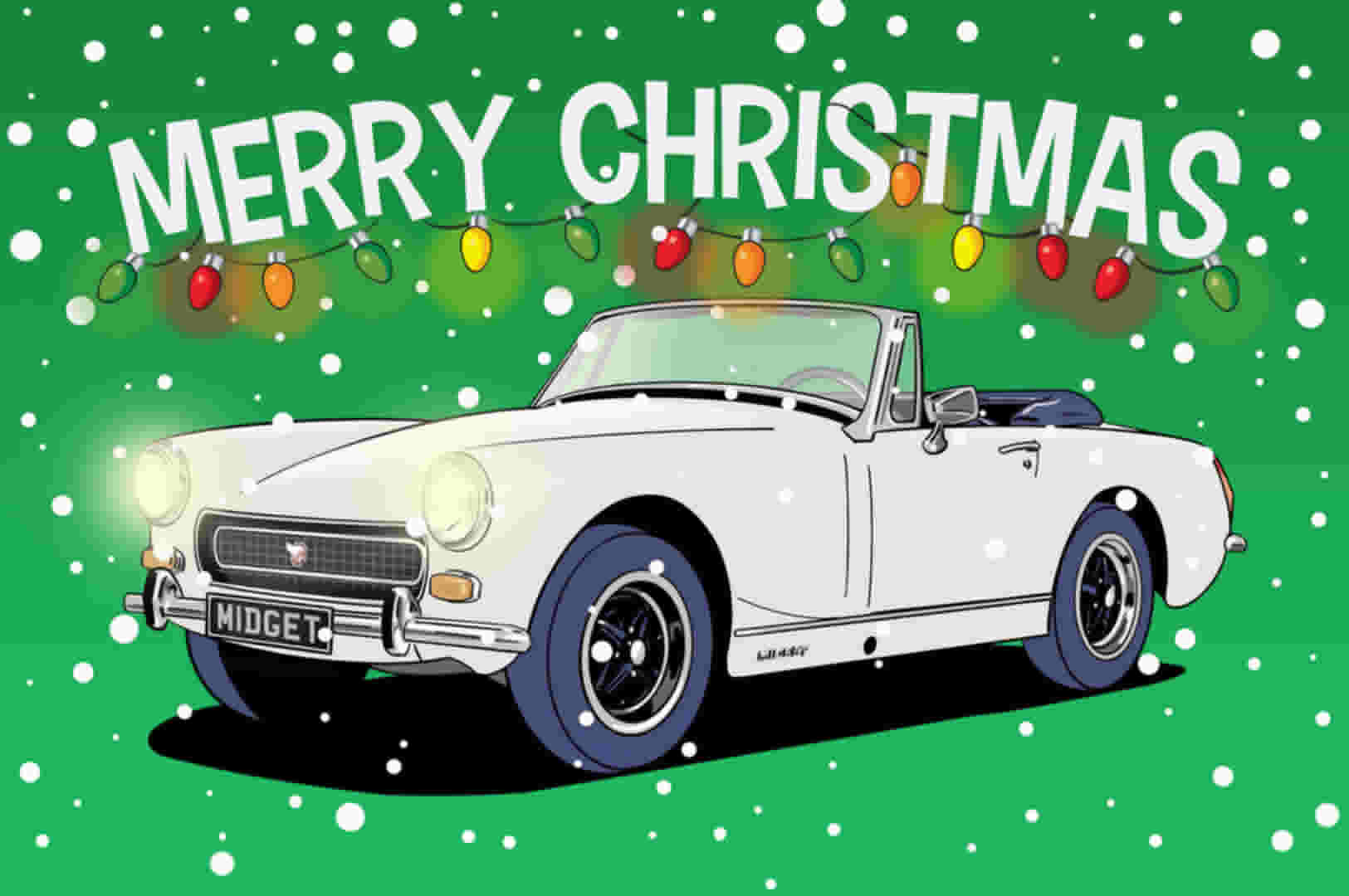 white MG Midget car Christmas Card