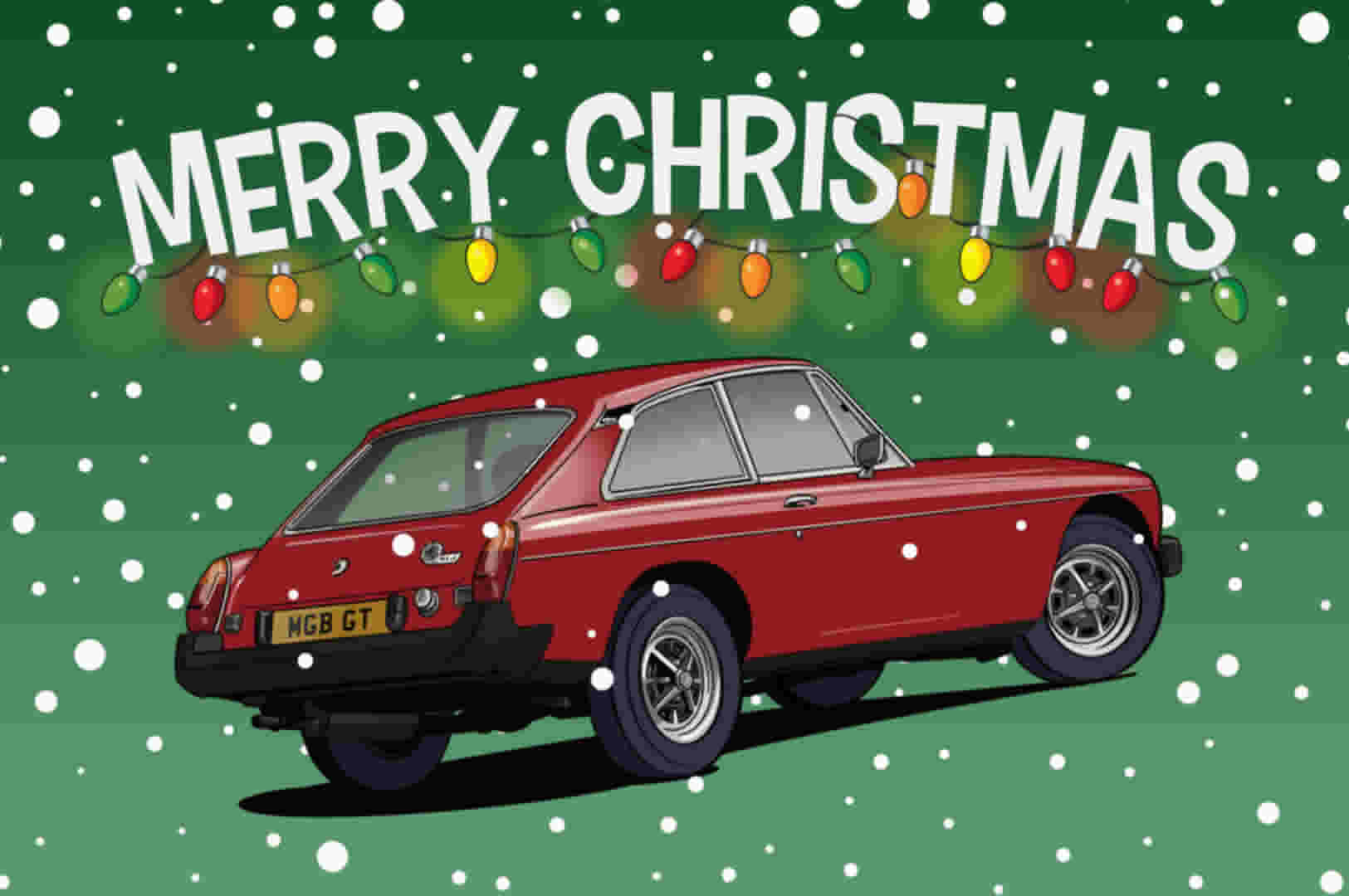 Burgundy MGB car Christmas Card