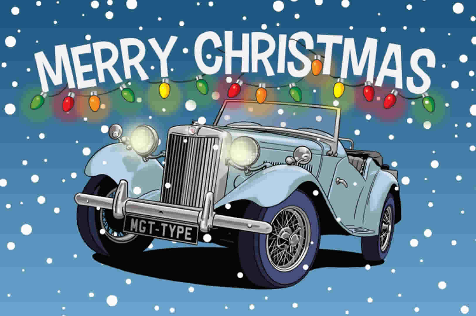 Blue MG T-type car Christmas Card